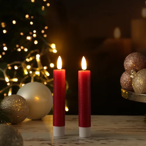 LED Stabkerzen Tafelkerzen Spitzkerzen Echtwachs Rustik Optik H: 16cm rot 2St