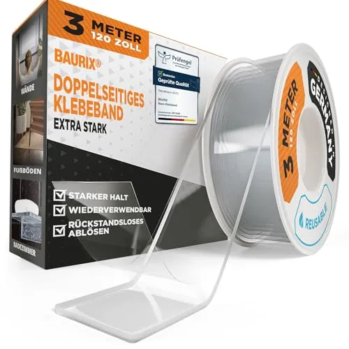 BAURIX® Nano Tape Doppelseitig [3m] – Starkes Klebeband für Wand, Teppich & Deko – transparent, waschbar, wiederverwendbar – ideal für DIY und professionelle Anwendungen