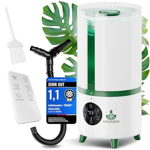 Produktbild WOHLGRÜN TAU360 Ultraschall Luftbefeuchter Pflanzen Schlafzimmer 5L | Growzelt Growbox | leiser Diffuser mit Hygrostat | SwapTop 360 Grad & Schlauch | automatisch bis 30 m2 I Zimmerpflanzen