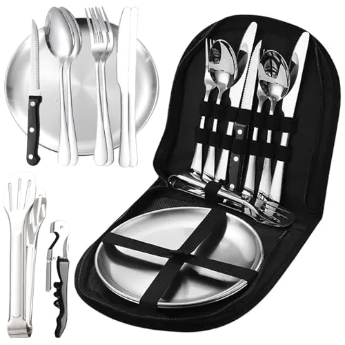 Camping Geschirr Set 2 Personen, 11 Stück Tragbares Geschirr Edelstahl, Campingbesteck Set mit Löffel Gabel Messer Teller und Flaschenöffner für Outdoor, Camping, Picknick, Grillen und Wandern