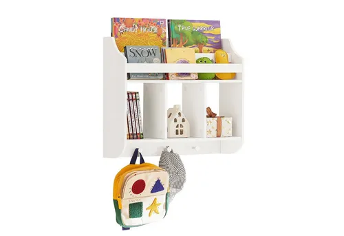 SoBuy Bücherregal KMB46 - Kinderregal mit Haken - Bücherregal für Kinder, ideal für Ordnung im Kinderzimmer, mit 3 praktischen Haken für Jacken oder Taschen, aus robustem MDF in Weiß.