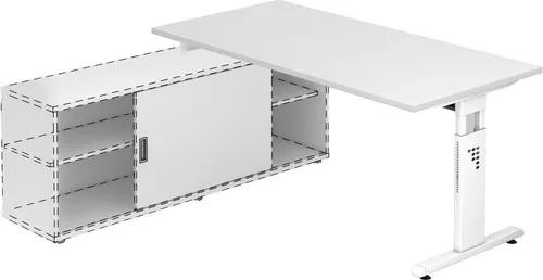 Hammerbacher Anbauschreibtisch T-Fuß 160x80cm - Kinderschreibtisch OSE16 in Weiß, 160 x 80 cm; mit höhenverstellbarem T-Fuß-Gestell für ergonomisches Arbeiten und integrierter Kabelwanne für Ordnung.