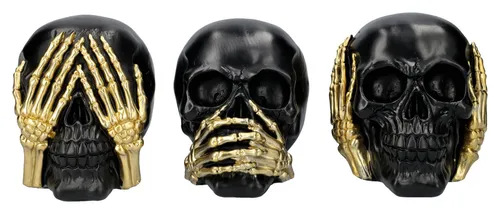 Figuren Shop GmbH Dekofigur Totenköpfe schwarz-gold - Nichts Böses - Stilvolle Dekofigur aus Kunststein in Schwarz und Gold, ideal für kreative Wohnakzente. Größe: 12x15x12 cm, Gewicht: 1000 g. Perfekt für Kunstliebhaber und als Blickfang.