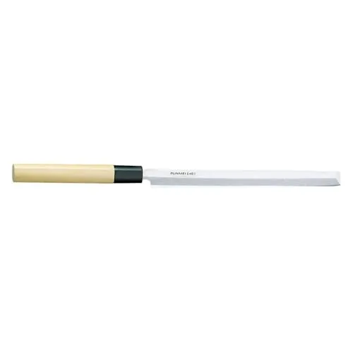 GLOBAL Bunmei 1803/210 Tako Sashimi Messer 21 cm - Lachsmesser aus Cromova 18 Stahl für präzises Schneiden von Fisch und Oktopus. Ergonomischer Honoki-Holzgriff für komfortables Arbeiten – ideal für Profis und Hobbyköche.