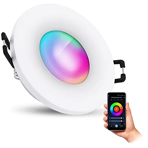 SSC-LUXon BEDA Bad Einbaustrahler IP65 mit dimmbarer WiFi GU10 Lampe - Moderne Einbauleuchte für Bad und Außenbereiche. Genießen Sie individuelle Lichtstimmungen in RGB und Weißtönen. Mit IP65-Schutz ideal für Feuchträume und Außenanwendungen.