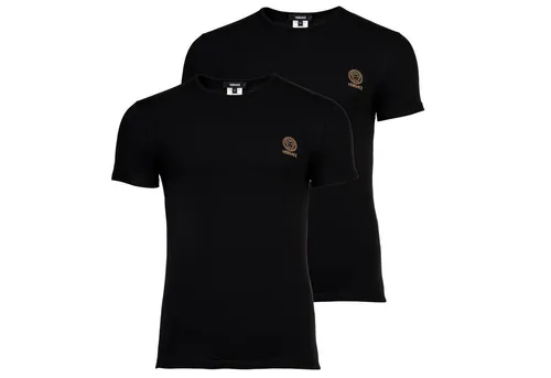 VERSACE Herren T-Shirt 2er Pack - TOPEKA, Rundhals, Stretch Cotton Schwarz L - Herren-Shirts: Hochwertige T-Shirts im 2er Pack aus weichem Baumwoll-Stretch mit goldener VERSACE-Logo-Print, ideal für höchsten Tragekomfort und Stil.