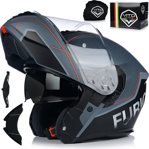 VITO FURIO Klapphelm mit Sonnenblende | ECE 22.06 | XL (61-62cm) - Motorradhelm mit doppelter Zulassung für sicheres Fahren im offenen und geschlossenen Zustand. Ausgestattet mit einem versenkbaren Sonnenvisier und einem bequemen, waschbaren Innenfutter.