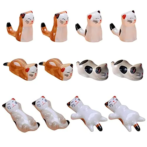 Yueser 12 Stücke Keramik Katze Stäbchenhalter,Essstäbchen Halter Keramik Katze Stäbchen Rest Rack Löffel Messer Gabel Halter Geschirr Handwerk Ornamente