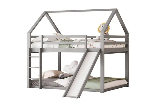 OKWISH Kinderbett Hausbett Etagenbett Grau 140x200cm mit Rutsche - Hausbett mit Rutsche für kreativen Spielspaß und gemütlichen Schlafplatz. Robustes Kiefernholz und MDF sorgen für Langlebigkeit und Sicherheit im Kinderzimmer.