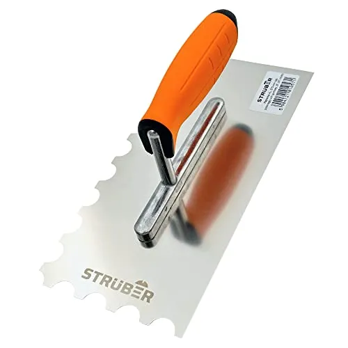 STRÜBER Halbrunde Zahnkelle mit Softgriff (270 x 130 mm/Halbrunde Zahnung: 20x15mm) - Profi Zahnglättekelle aus rostfreiem Edelstahl - Premium Glättekelle zum Verlegen von Fliesen - Made in EU