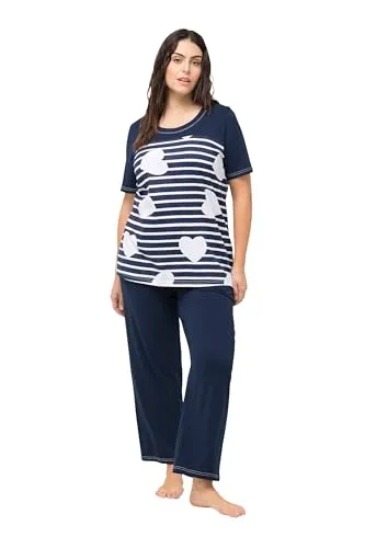Ulla Popken Damen Stripes & Heart Pyjama, Nachtblau, 42-44 - Schlafanzüge für Damen, gemütlicher Pyjama mit Herz- und Streifenmuster, perfekte Passform und praktische Einschubtaschen für zusätzlichen Komfort.