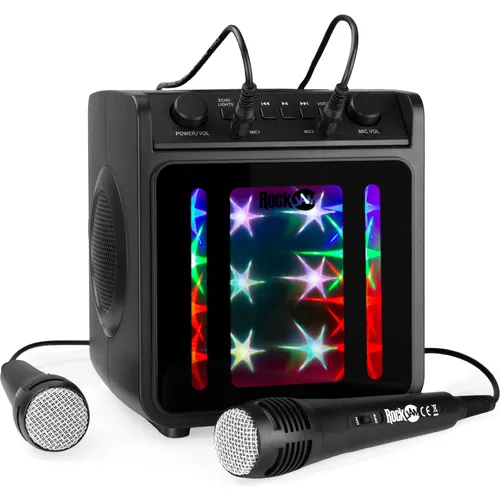 Rockjam 10 Watt wiederaufladbare Bluetooth-Karaoke-Maschine mit Zwei Mikrofonen, Sprachwechseleffekten und LED-Lichtern, Schwarz