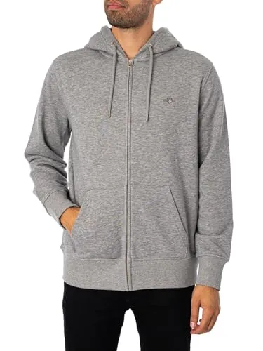 Gant Herren Reg Shield Full Zip Hoodie, Grey Melange, XL EU - Kapuzenpullover für Herren mit normaler Passform, Kängurutasche und stilvoller Gant-Stickerei auf der Brust.