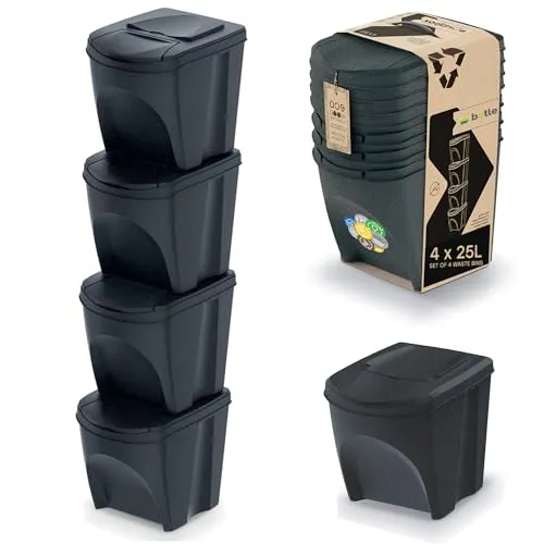 Mülleimer- 4er Set + bunter Aufkleber mit Markierungen der Abfallart Mülltrennungssystem ECO - Set aus 4x25L Abfalleimern in Anthrazit zum Stapeln Kompakt Einfache Sortierung des Hausmülls Naturholz