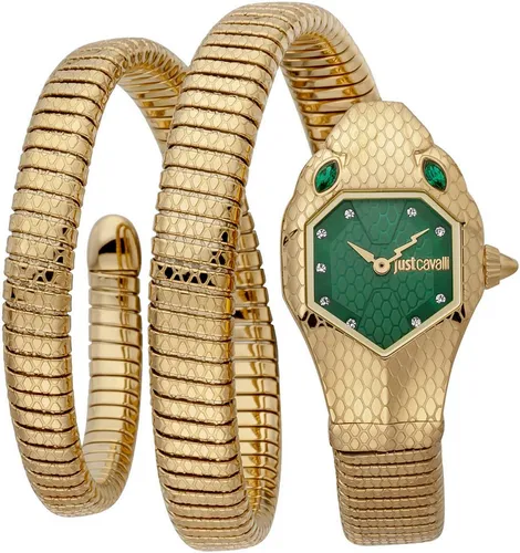 Just Cavalli Time Quarzuhr Serpente doppio JC1L168M0045 - Elegante Damenuhr mit goldfarbenem Edelstahlarmband und stilvollem dunkelgrünen Zifferblatt aus Perlmutt. Ideal für festliche Anlässe und den täglichen Gebrauch.