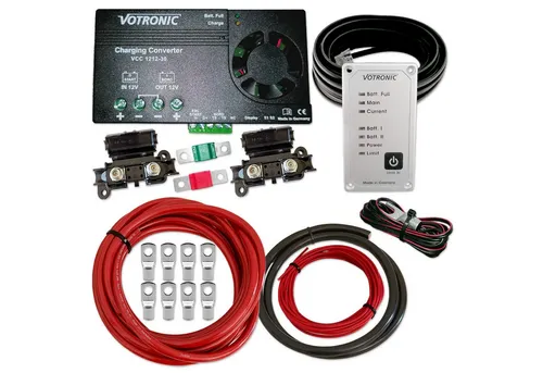 Impulse Innovation Votronic VCC1212-30 Zweitbatterieset 12V 30A - Vollständiges Zweitbatterieset mit Votronic VCC 1212-30, ideal für Wohnmobile und Vans. Effizienter 30A DC/DC-Booster für alle gängigen Akkutypen, inklusive robuster Kabelsatz und praktische Fernanzeige.