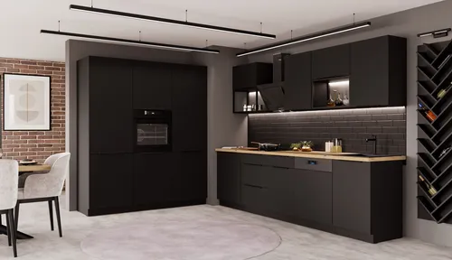 Küche SIENA LOFT - 280 + 180 cm Küchenzeile - Küchenzeilen im modernen schwarz matt Design, Stauraumwunder für alle Küchenutensilien, ideal für stilbewusste Köche.