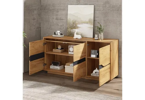 Odikalo Sideboard Kommode Lowboard mit Schließfächern in Weiß-Natur