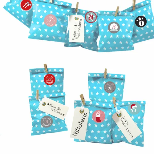 Adventskalender Bescherung zum Befüllen,Papiertüten beachblau Stern,Ziffern bunt