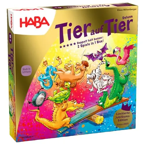 Tier auf Tier Deluxe 20 Jahre - Gesellschaftsspiel für die ganze Familie - Gesellschaftsspiel für die ganze Familie, feiert 20 Jahre Spielspaß mit einzigartigen Holzfiguren und fördert Geschicklichkeit und Teamarbeit.