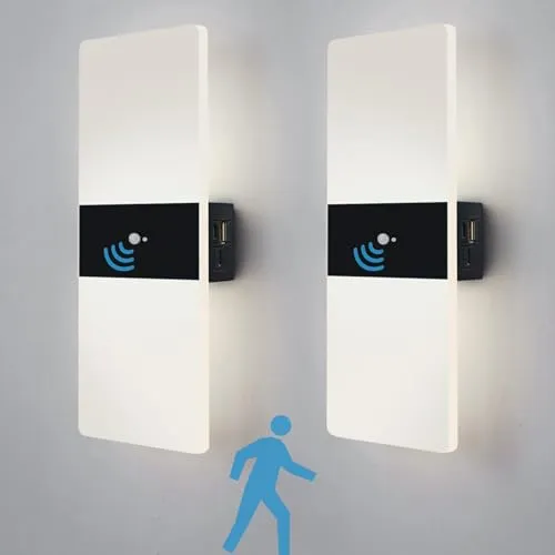 VOMI LED Kabellose Wandleuchte innen mit Bewegungsmelder, Acryl Akku Wandlampe Ohne Stromanschluss USB Aufladbar Wandbeleuchtung mit 4000mAh Batterie für Flur Treppen, 2st Weißes Licht