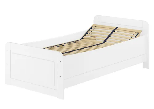 ERST-HOLZ Weißes Seniorenbett 90 x 200 cm - Massivholzbett aus Kiefernholz, extra hoch für komfortables Aufstehen, ideal auch als Gästebett. Mit verstellbarer Sitzkante und elegantem Design fügt es sich nahtlos in jeden Wohnstil ein.