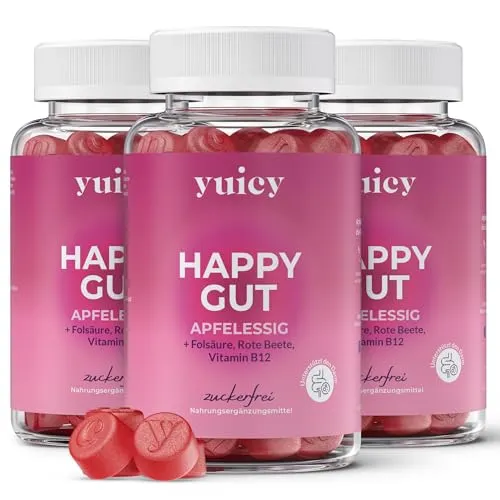yuicy® Happy Gut Gummies - Vitamine für Stoffwechsel & Verdauung - Vitamine für Stoffwechsel und Verdauung, zuckerfreie Apfelessig-Gummies zur Unterstützung der Darmflora und des täglichen Wohlbefindens.