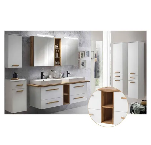 Lomadox Badmöbel-Set Dabo-04, 7-teilig, weiß mit Landhaus Eiche - Vielseitiges 7-teiliges Badmöbel-Set in modernem Landhausstil. Ideal für eine stilvolle Badezimmergestaltung mit melaminharzbeschichteten Oberflächen und einfacher Selbstmontage.
