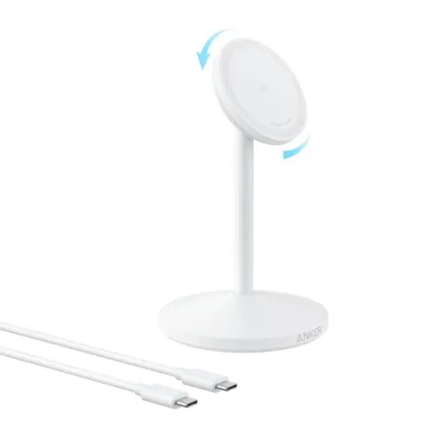 Anker MagGo kabellose Ladestation, 15W Qi2 für MagSafe - Kabelloses Qi-Ladegerät mit 15W Leistung, ideal für iPhone 16/15/14 und AirPods. Integrierter Ständer für freihändiges Laden und 360° Drehmechanismus für optimale Ausrichtung.