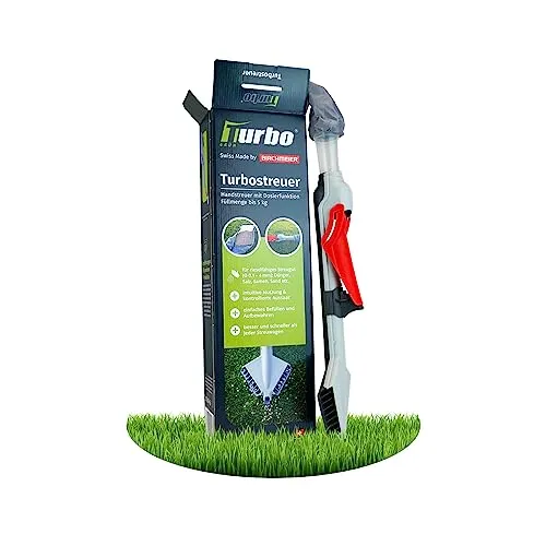 Turbogrün Düngerstreuer Rasen - Sämaschinen & Streuwagen, handlicher 5-Stufen Düngerstreuer mit ergonomischem Griff und beidseitiger Verwendung für müheloses Düngen.