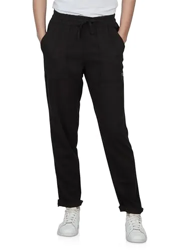 DENIMFY Leinenhose Damen Sommer lang Sommerhose leicht Strandhose Regular Fit DFLinda Freizeithose Gummizug Einfarbig Schwarz L, Größe:L, Farben:Black