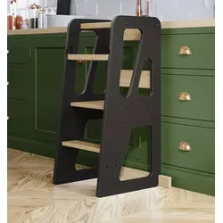 Lernturm für Baby & Kleinkinder - Sicherer Learning Tower aus Holz, Schwarz - Kinderzimmermöbel mit innovativem Sicherheitssystem, das Ihr Kind vor Stürzen schützt. Ideal für kleine Küchenhelfer und fördert die Neugierde und Selbstständigkeit Ihres Kindes.