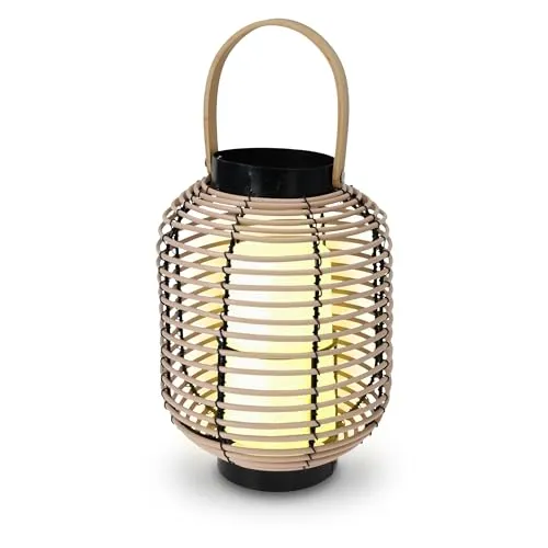 Spetebo LED Rattan Laterne für Außen und Innen mit Timer - 24 x 18 cm - Deko Leuchte warm weiß zum Stellen oder Hängen - Garten Leuchte zum Aufhängen Indoor Outdoor