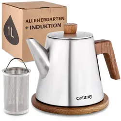 Cosumy Teekanne 1,2 L mit Siebeinsatz und Untersetzer in silber von Cosumy