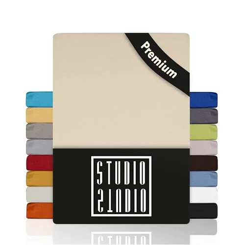 STUDIO Premium Spannbettlaken 180x200cm, 180x220cm, 200x200cm & 200x220cm – Jersey-Spannbetttuch aus 97 % Baumwolle & 3 % Elastan – Creme – Öko-Tex Zertifiziert, bügelfrei – für Matratzen 15–35cm