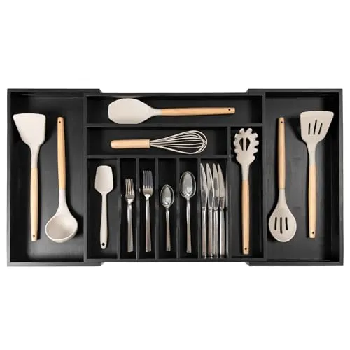 KitchenEdge Plateau à couverts et organisateur d'ustensiles pour tiroirs de cuisine, extensible jusqu'à 84 cm de large, 11 compartiments, 100% bambou