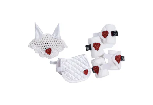 HKM Cuddle Pony Turnierset Weiß/Rot Einheitsgröße - Fliegenschutz für Pferde: Hochwertiges Set mit Schabracke, Fliegenhaube und Bandagen, leicht und mit Herz-Logo für stilvolle Auftritte.