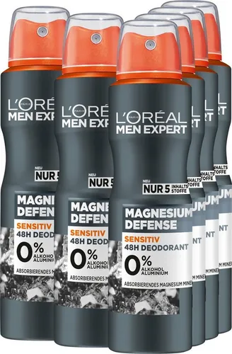 L'ORÉAL PARIS MEN EXPERT Deo-Spray Magnesium Defense 6-tlg. - Hochwirksames Deodorant für empfindliche Männerhaut, schützt bis zu 24 Stunden vor Körpergeruch und Achselnässe, pflegt sanft und unterstützt die natürliche Hautschutzschicht.