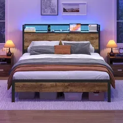 KIMENICH Bett 140x200cm mit LED-Beleuchtung und Ladestation - Stylisches Metallbett in Vintage Braun mit praktischem Stauraum und integrierter LED-Beleuchtung. Ideal für modernen Komfort und effiziente Nutzung Ihres Wohnraums.