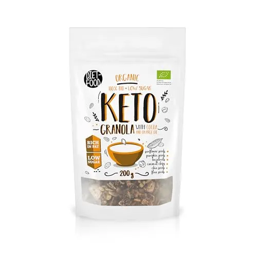 DIET-FOOD Bio Granola mit Keto Cacao Reich an Pflanzlichen Fetten Glutenfreies Granola Frühstück Müsli Low Carb Non-GMO Snack Ohne Zuckerzusatz 200g 1er Pack