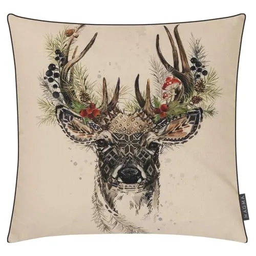 MAGMA Kissenhülle Kissenbezug Hirschkopf Digitaldruck Landhaus ca. 45x45cm Wendekissenhülle Keder Vintage Weihnachten Xmas