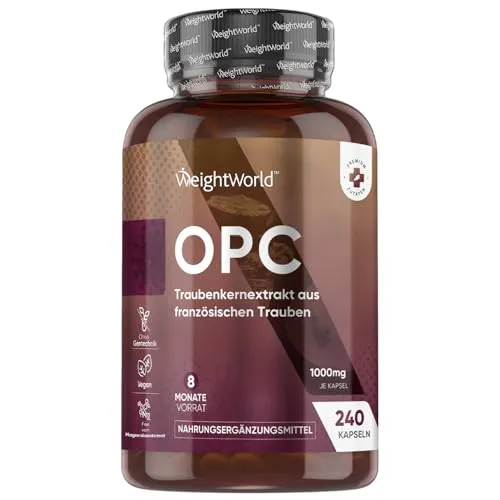 OPC Kapseln - 95% OPC Traubenkernextrakt - 250mg (4:1) entspricht 1000mg Extrakt pro Portion - 8 Monate Vorrat - 240 Kapseln - Aus Französischen Weintrauben - Täglich 1 Kapsel - Vegan - WeightWorld