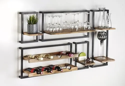 Kobolo Weinregal Wandregal STYLE aus Mangoholz und Metall, 5-tlg. Set - Weinregal aus robustem Mangoholz und Metall, ideal für bis zu 8 Flaschen, perfekt für stilvolle Akzente in Wohnzimmer, Küche oder Büro.