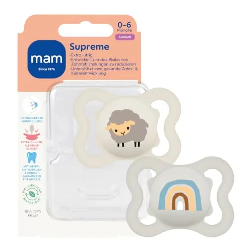 MAM Supreme Schnuller, 0-6 Monate, Schaf/Regenbogen, 2 Stück | Beugt Zahnfehlstellungen vor, SkinSoft Silikon, Hautfreundlich, Für Neugeborene, Inkl. Sterilisierbox