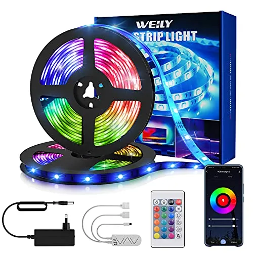 Smart RGB LED Strip 15m mit Fernbedienung - LED Streifen mit Alexa und Google Assistant Unterstützung, selbstklebend und perfekt für stimmungsvolle Beleuchtung in Party, Schlafzimmer oder Küche. Mehrere Farben und einfache Steuerung über App.