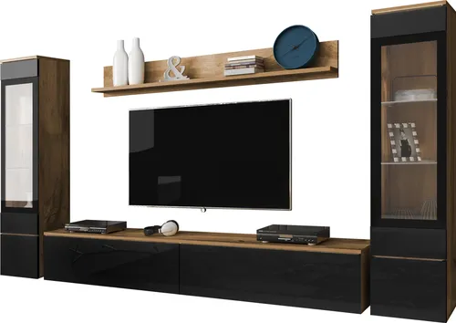 MIRJAN24 Wohnwand Vera II - Stilvolles Wohnzimmer-Set in Wotan und Schwarz Hochglanz - Moderne Wohnwand Vera II für Ihr Wohnzimmer. Mit Vitrinen, TV-Lowboard und Wandregal bietet sie viel Stauraum und elegantes Design. Einfache Montage mit Anleitung.