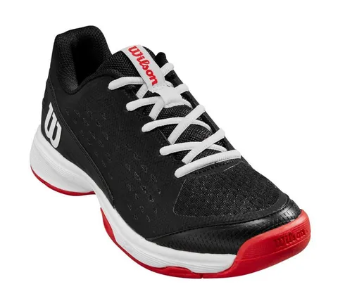 Wilson Rush Pro Tennis Shoe, Black Red/White, 28 EU - Tennisschuhe für Junioren, bieten optimale Unterstützung und Dämpfung für aufstrebende Talente, ideal für alle Beläge und atmungsaktiv für warmes Wetter.