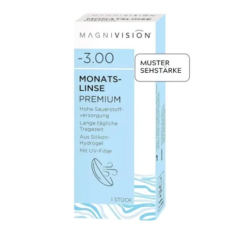 MAGNIVISION Monatslinse Premium weiche Kontaktlinsen für -1,75 dpt. | 1 Stück | BC 8.7 | DIA 14.0 | mit Silikon-Hydrogel-Material und UV-Filter für lange Tragezeiten | ohne Konservierungsstoffe
