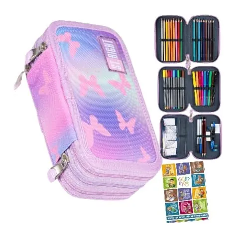 Goldkids Federmäppchen 3 Fächer - Gefüllte Federtasche mit Schmetterling Motiv - Federmäppchen für Mädchen und Jungen, 46-teilig gefüllt, mit robustem Reißverschluss und bezauberndem Design für kreative Schüler. Ideal für eine organisierte Aufbewahrung.
