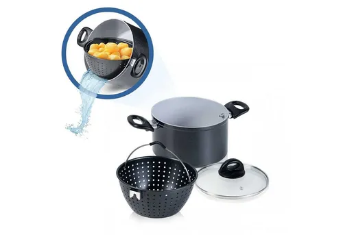 Genius Kochtopf Cerafit Magic Pot Set - Induktionsgeeigneter Kochtopf mit Antihaft-Beschichtung und Siebeinsatz für müheloses Abgießen. Ideal für gesundes Kochen und einfache Reinigung.